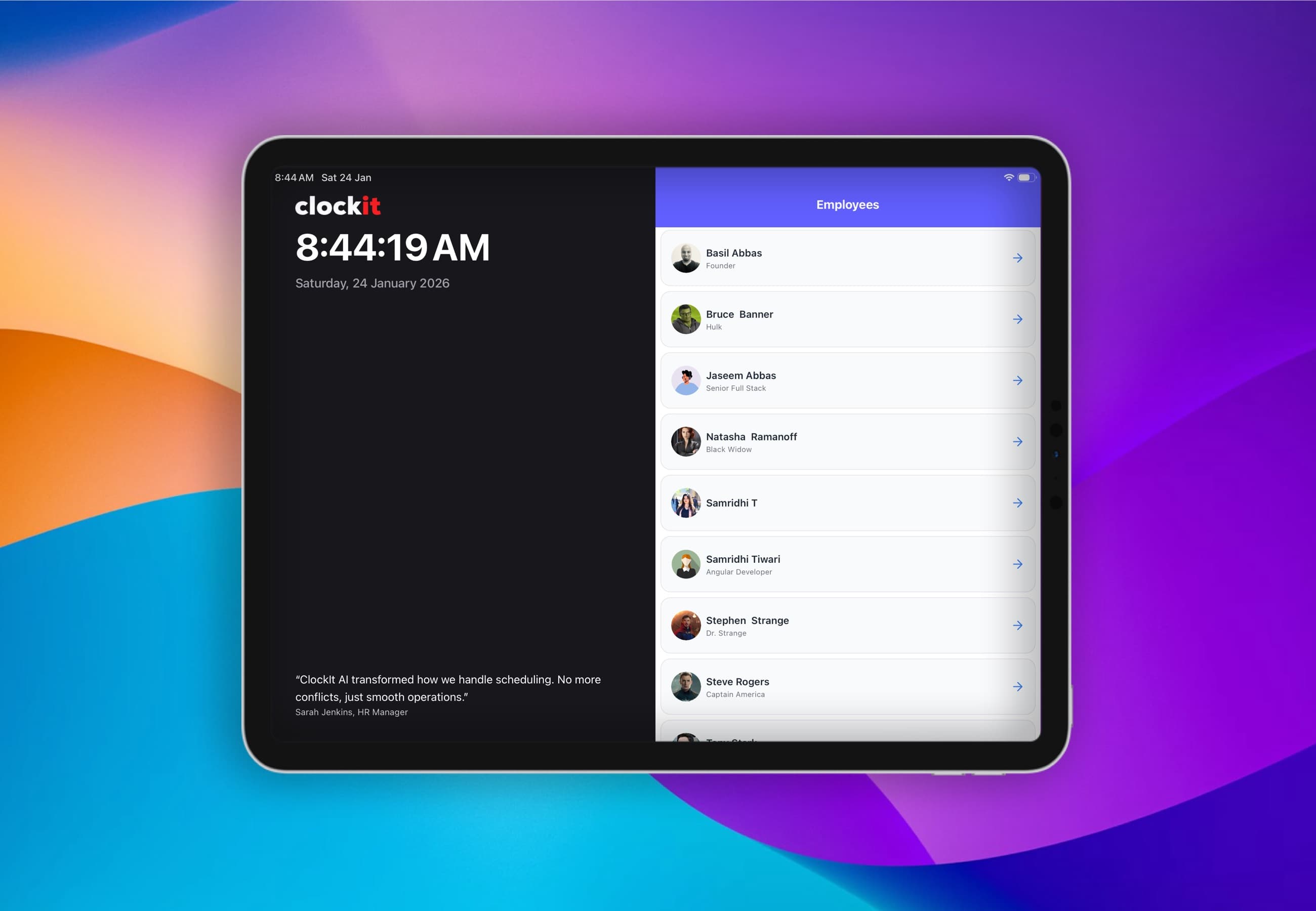 ClockIt kiosk time clock app interface on iOS and Android