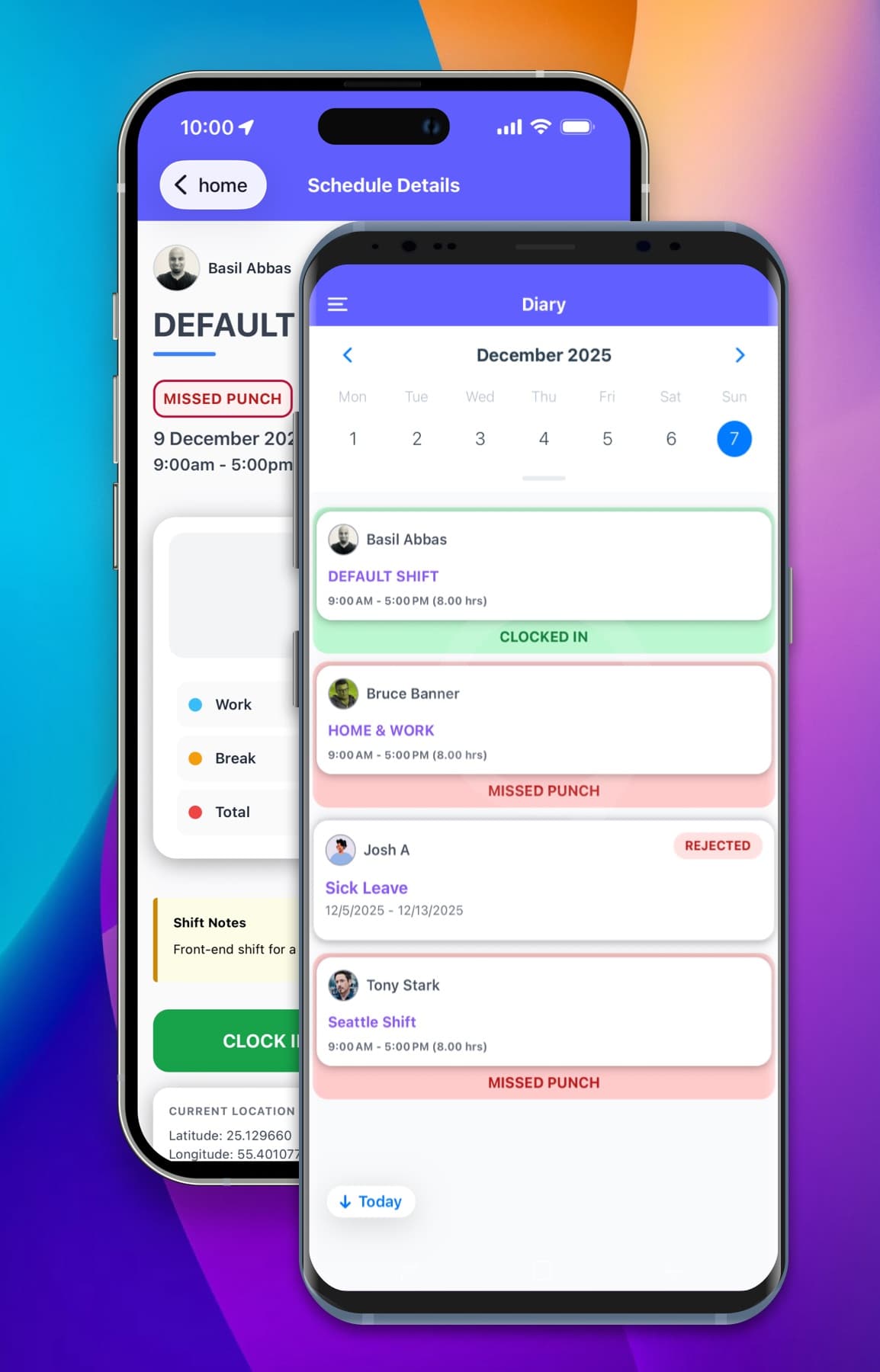 ClockIt Mobile App Interface showing time clock and schedule