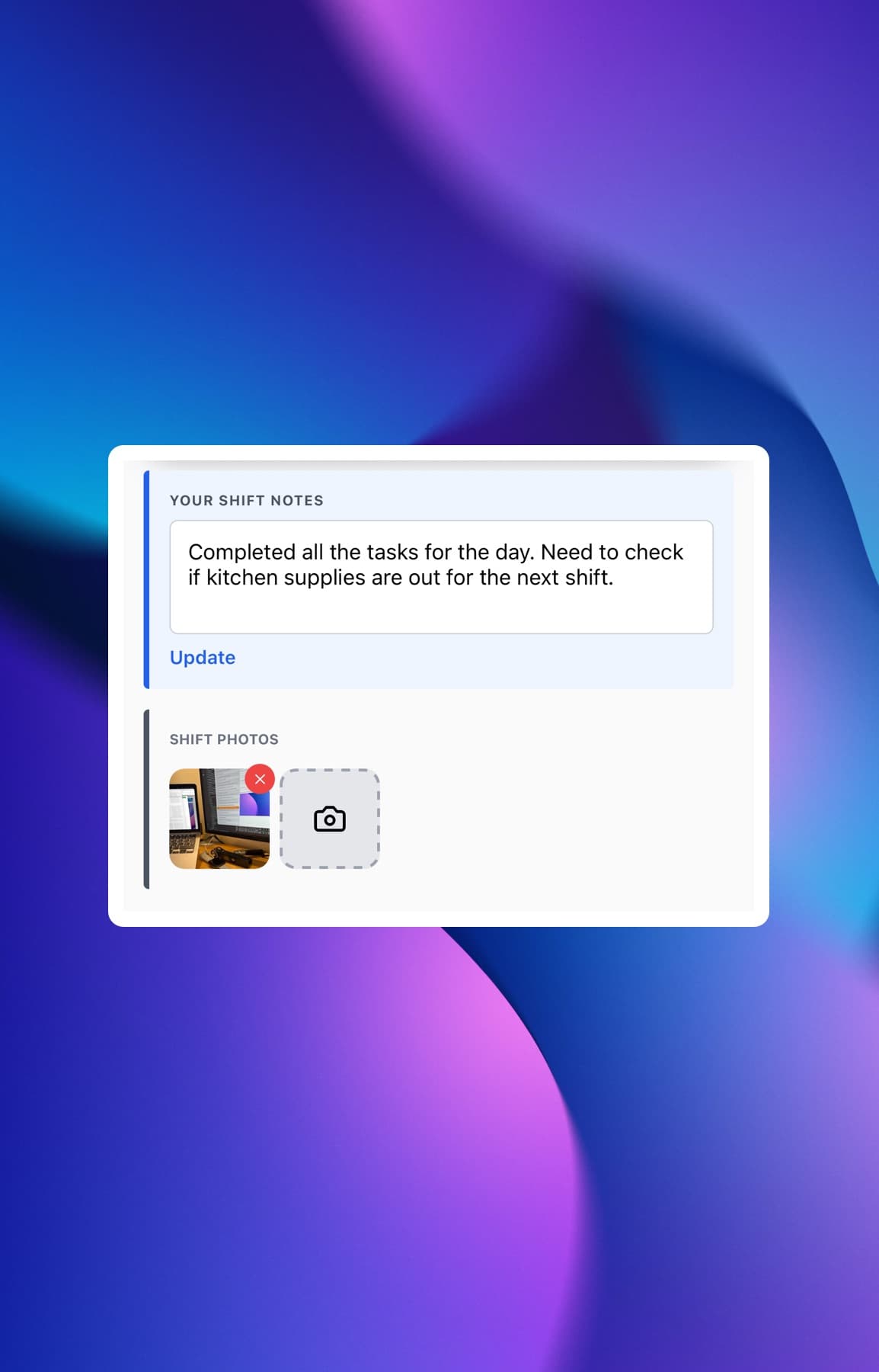 Employee adding photo attachment to time card