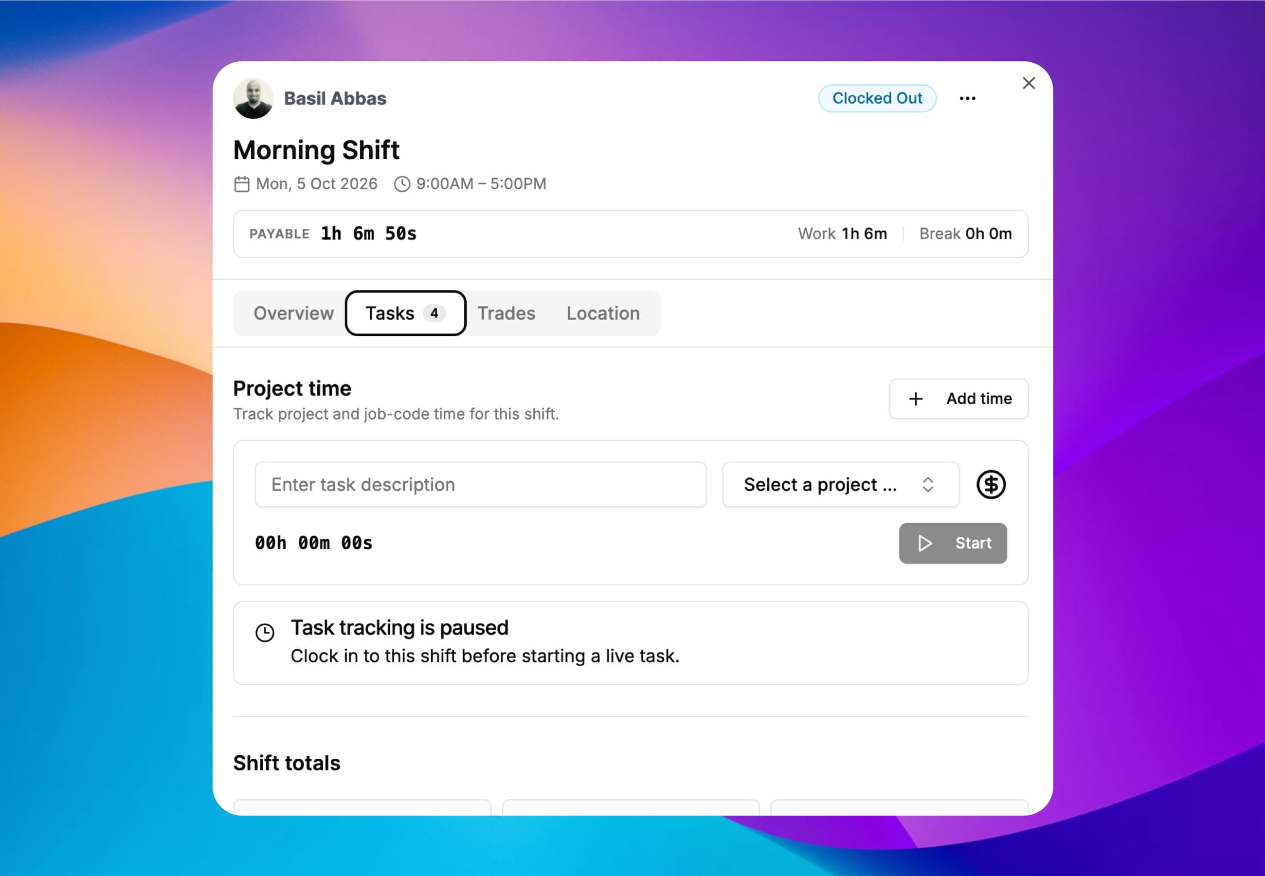 ClockIt shift panel with a project time tracker, project selector and start button