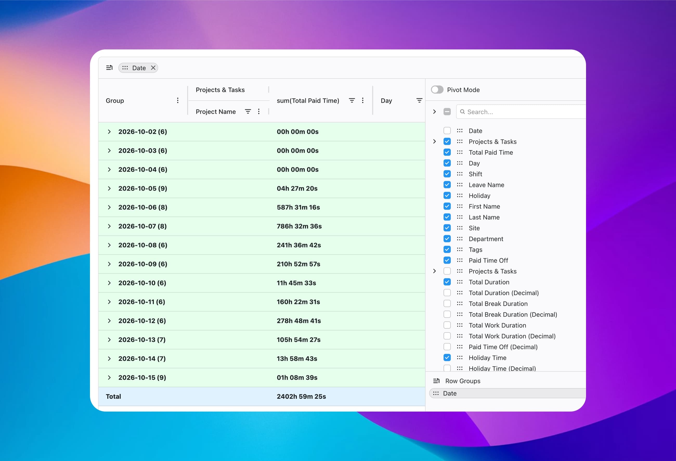 ClockIt all-in-one report combining paid time, PTO, holidays and projects