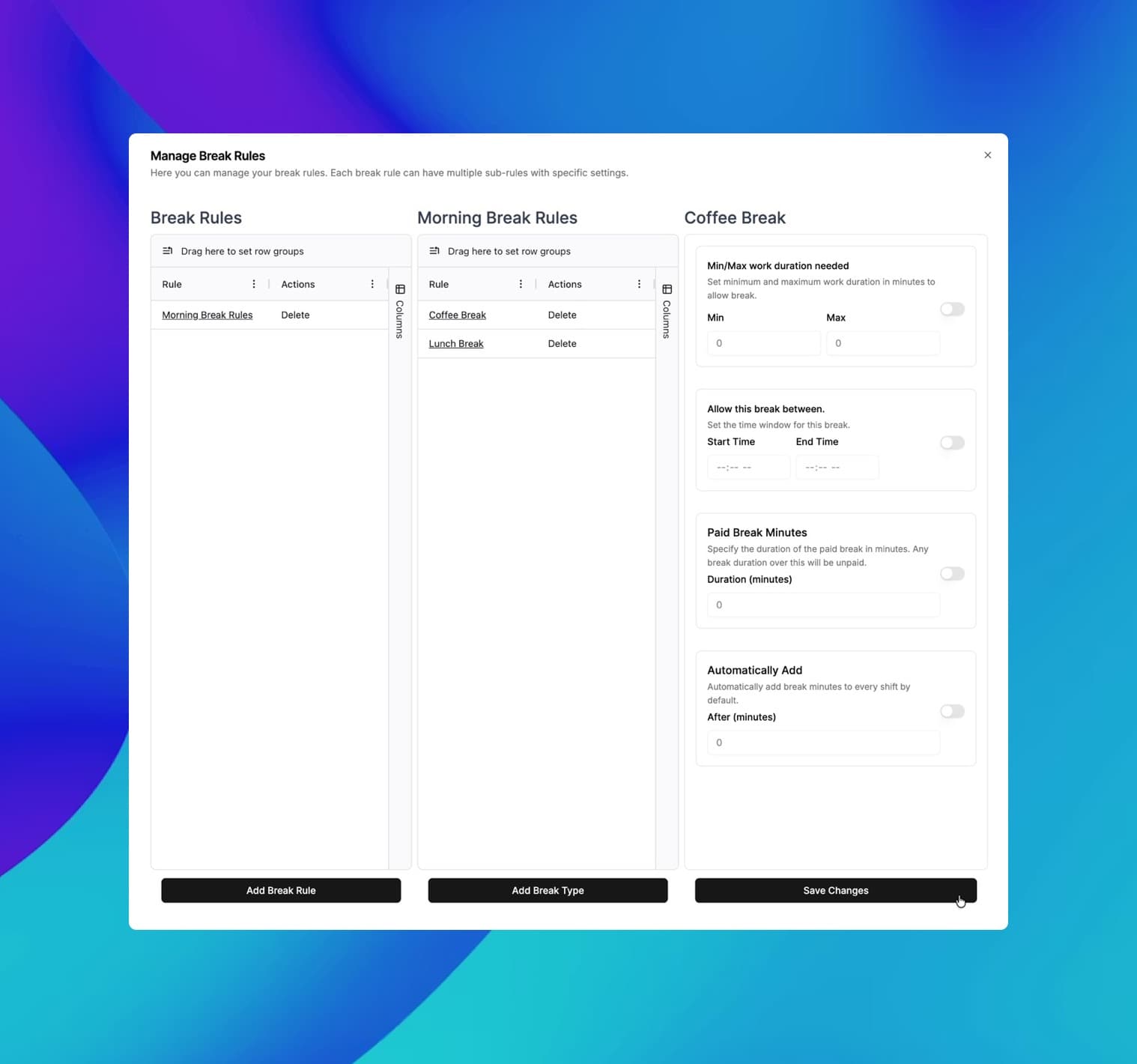 Break tracking interface on mobile app