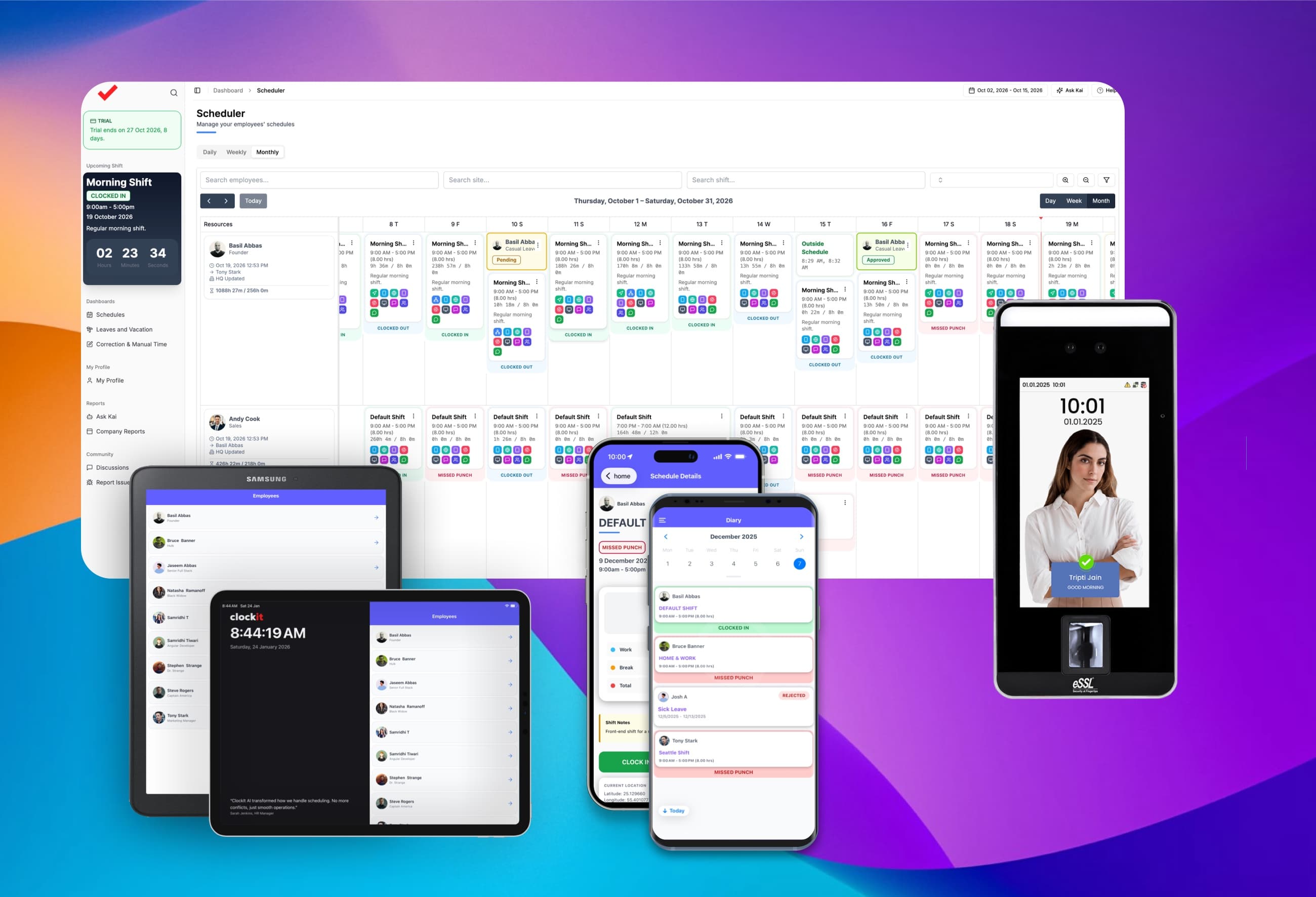 ClockIt on the web, kiosk tablets, iOS and Android phones and a biometric face and fingerprint terminal