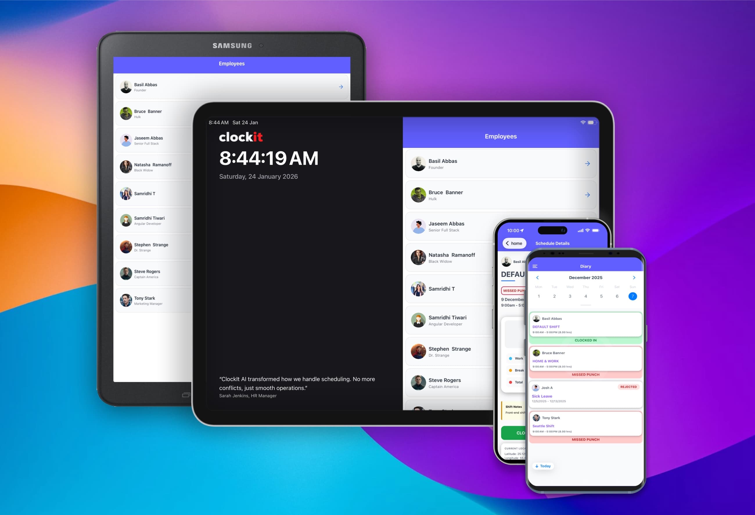 ClockIt kiosk app on Samsung and iPad tablets beside the iOS and Android mobile time clock apps
