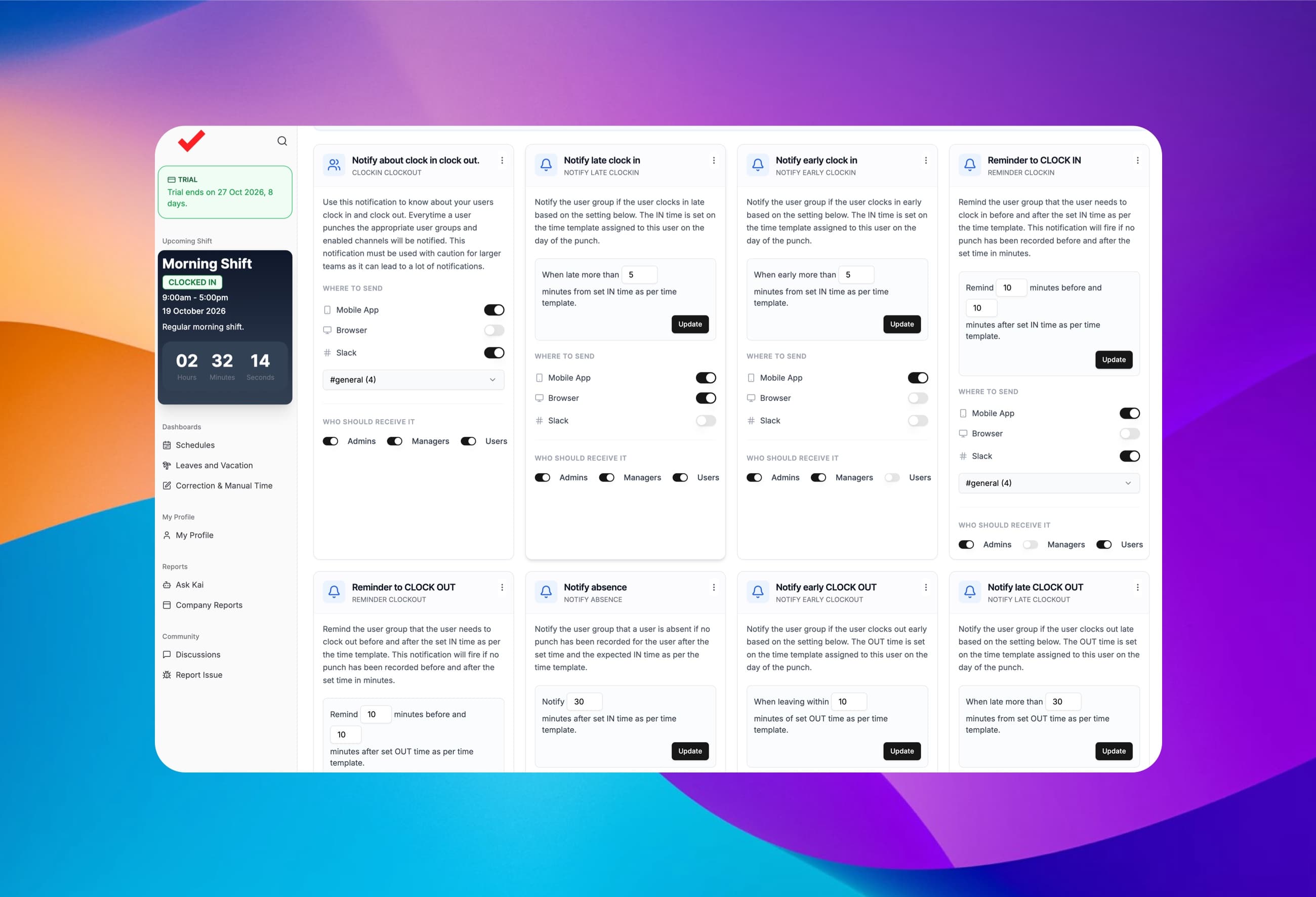 ClockIt notification settings: late and early clock-in, clock-in and clock-out reminders and absence alerts, each with its own channels and recipients