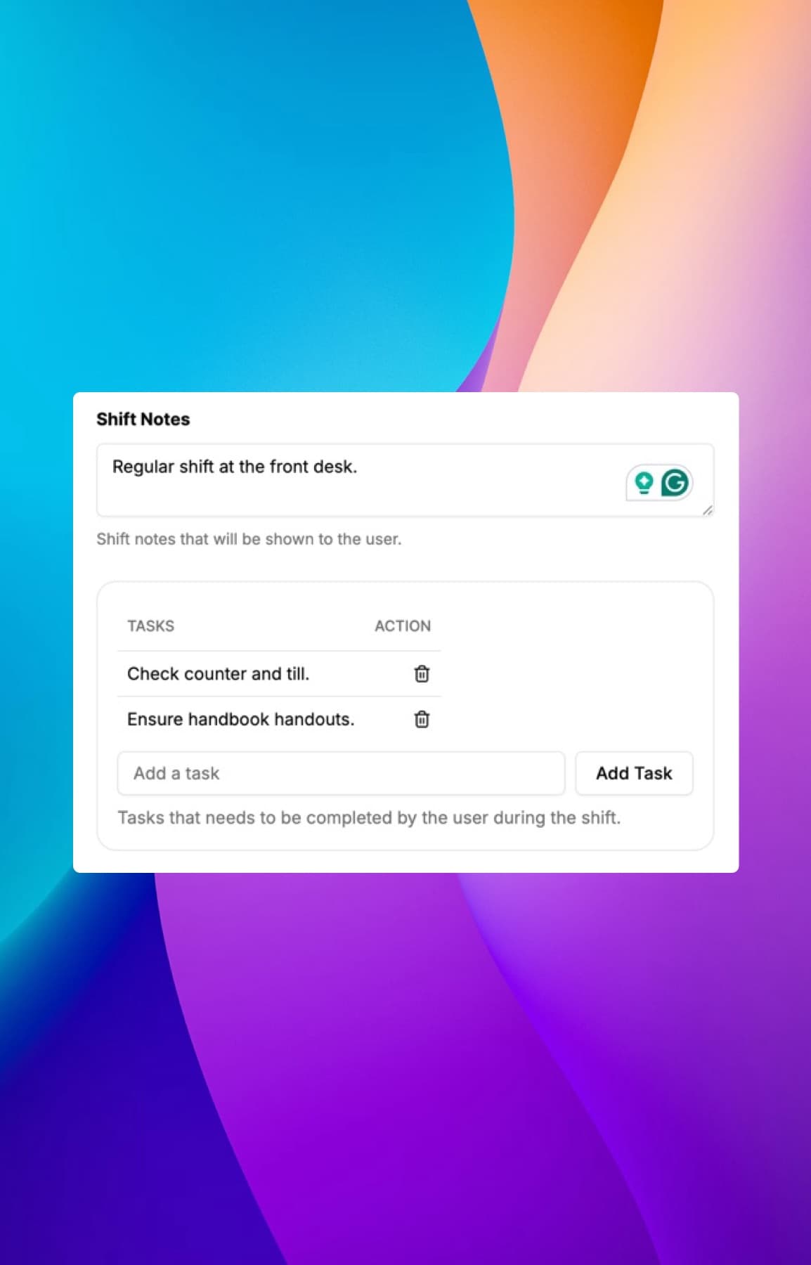 Shift notes and task management interface